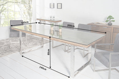 Massiver Esstisch BARRACUDA 200cm antik Teak Holz mit Stahl Kufenfüßen inkl. Glasplatte