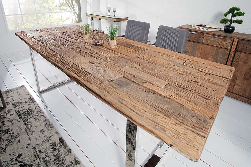 Massiver Esstisch BARRACUDA 200cm antik Teak Holz mit Stahl Kufenfüßen inkl. Glasplatte