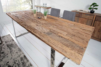 Massiver Esstisch BARRACUDA 200cm antik Teak Holz mit Stahl Kufenfüßen inkl. Glasplatte