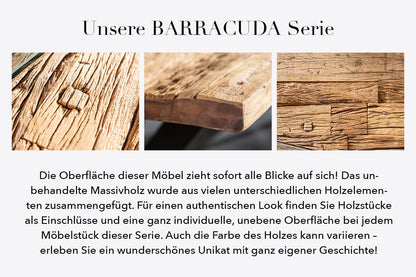 Massiver Esstisch BARRACUDA 200cm antik Teak Holz mit Stahl Kufenfüßen inkl. Glasplatte